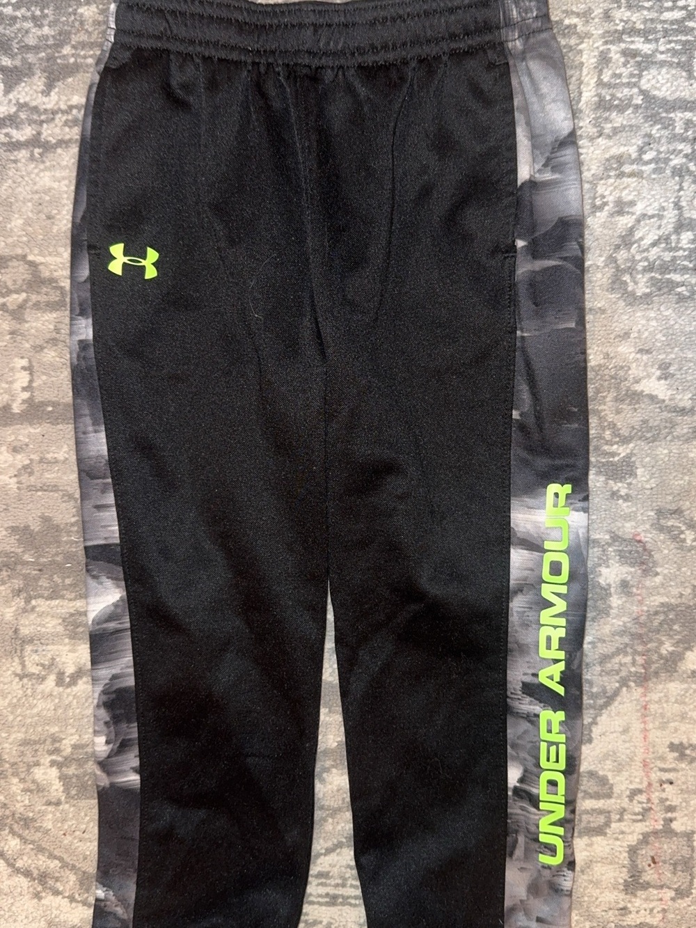 Under Armour Black Joggers with Gray Camo Side Panels and Neon Green Logo